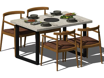 Modern Dining Table Set With Wooden Chairs Metal Frame And Tabletop Plates 3d model