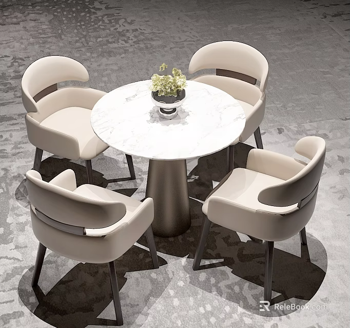 Modern Round Marble Table With Beige Curved Backrest Chairs And Green Plant Centerpiece 3d model 