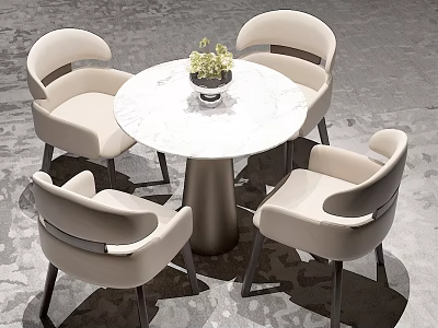 Modern Round Marble Table With Beige Curved Backrest Chairs And Green Plant Centerpiece 3d model