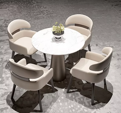 Modern Round Marble Table With Beige Curved Backrest Chairs And Green Plant Centerpiece 3d model