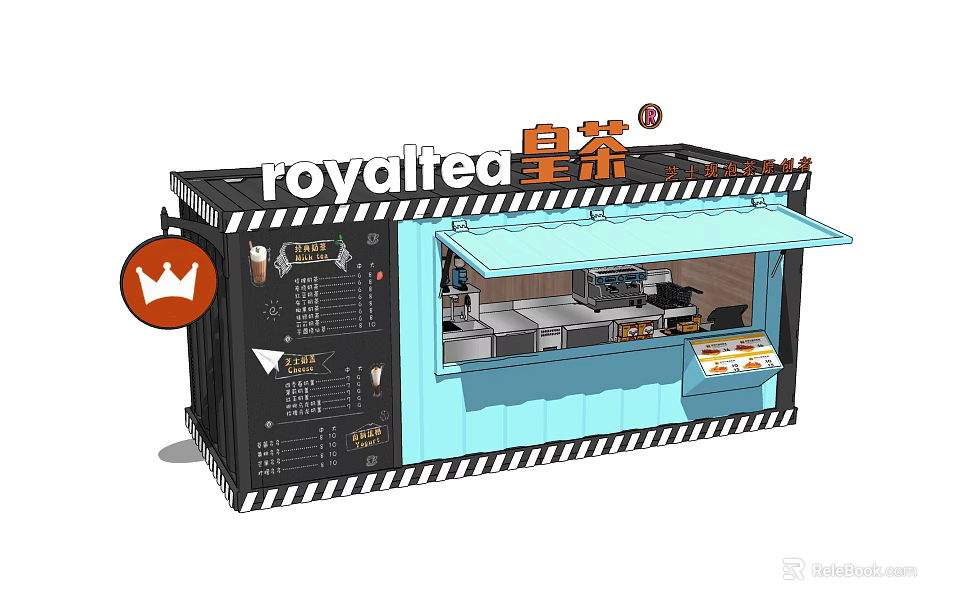 Royal Tea Container Milk Tea Shop with Blue Awning Menu Board and Drink 3d model 