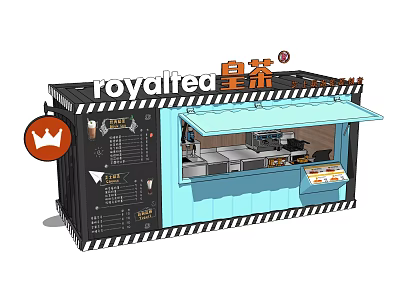 Royal Tea Container Milk Tea Shop with Blue Awning Menu Board and Drink 3d model