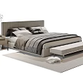 Modern Double Bed With Striped Headboard Pillows Bedspread Nightstand Plant Bed Bench And Rug