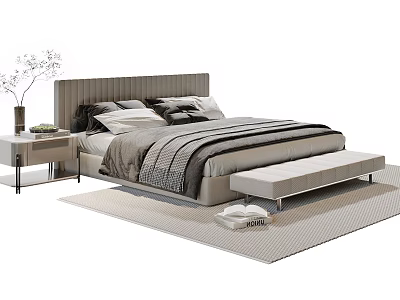 Modern Double Bed With Striped Headboard Pillows Bedspread Nightstand Plant Bed Bench And Rug 3d model