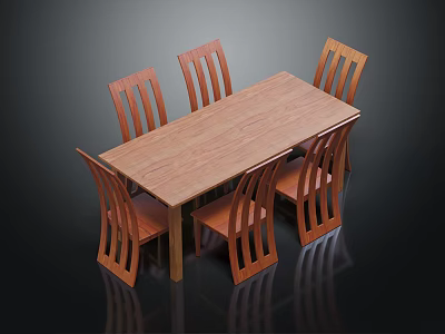 Rectangular Wooden Dining Table Set with Six Slatted Back Chairs and Natural Wood Finish 3d model