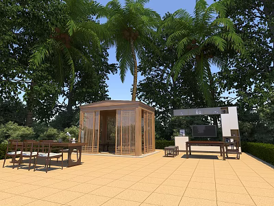 Garden Pavilion in Outdoor Leisure Area With Palm Trees Wooden Furniture and Tiled Floor 3d model