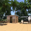 Garden Pavilion in Outdoor Leisure Area With Palm Trees Wooden Furniture and Tiled Floor