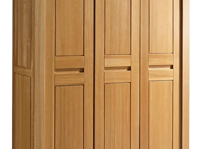 Natural Wooden Wardrobe With Four Door Design And Sleek Panel Details 3d model