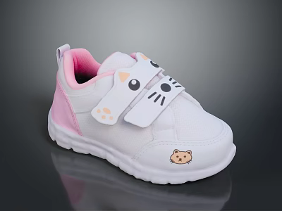Cute Kids White Sneakers With Pink Cartoon Cat Ears Paw Prints Bear Design Velcro Straps 3d model