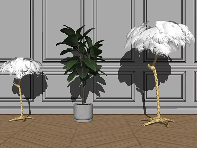 Elegant White Feather Floor Lamp with Gold Stand and Green Plant Gray Wall Wooden Floor 3d model