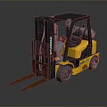 Yellow Komatsu Forklift With Front Forks Cab And Black Tires On Reflective Surface
