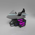 Futuristic Amusement Equipment With Gray Body Blue Lights Black Seats And Purple Steps