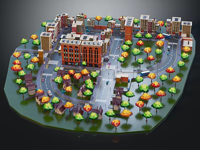 Cartoon City Scene with Colorful Buildings Various Trees and Curved Roads Layout 3d model
