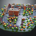 Cartoon City Scene with Colorful Buildings Various Trees and Curved Roads Layout