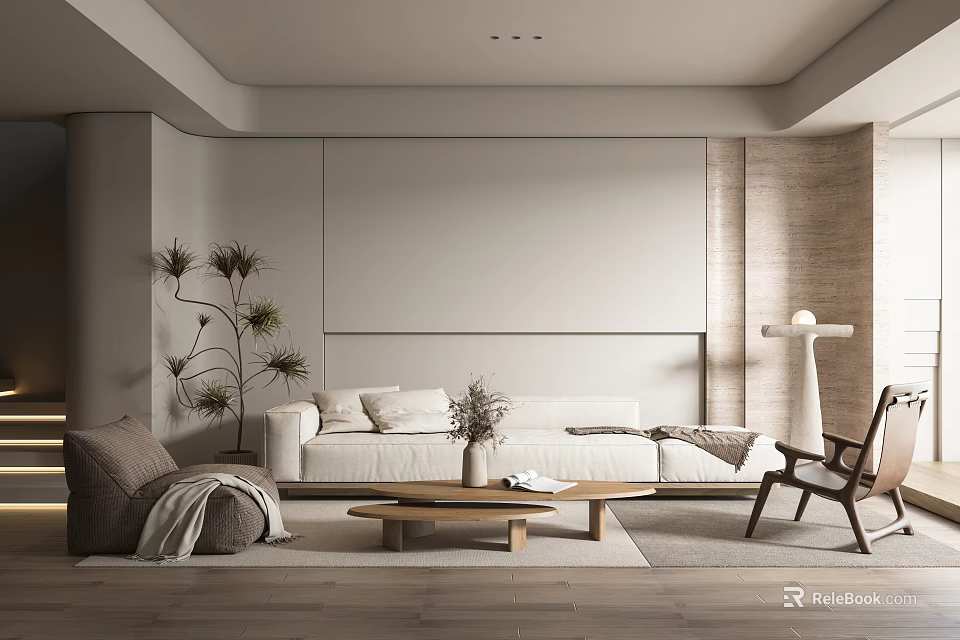 Modern Living Room Interior Design Featuring Light Sofa Wooden Coffee Table Accent Chair And Plant 3d model 