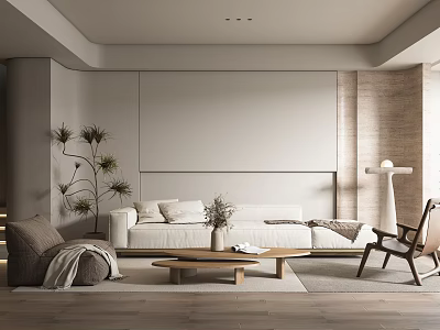 Modern Living Room Interior Design Featuring Light Sofa Wooden Coffee Table Accent Chair And Plant 3d model