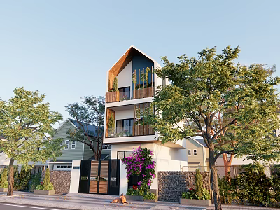 Modern Detached Villa Exterior Design With Balcony Trees Purple Flowers Stone Wall Gate 3d model