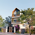 Modern Detached Villa Exterior Design With Balcony Trees Purple Flowers Stone Wall Gate