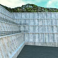 Gray Concrete Wall Structure With Palm Trees And Mountain Background Under Blue Sky 3d model