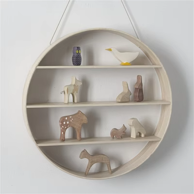 Decorative Figurine Collection on Circular Wooden Wall Shelf with Various Animal Figurines 3d model