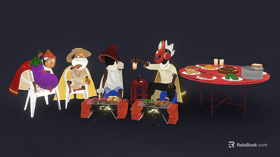 Colorful Cartoon Characters Gathered Around Dining Table With Food And Lit Lanterns 3d model 