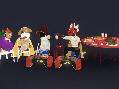 Colorful Cartoon Characters Gathered Around Dining Table With Food And Lit Lanterns 3d model