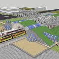 Modern Train Station Design Featuring Green Roof Arched Structures And Pedestrians 3d model
