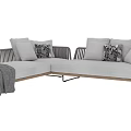 Modern Gray Two-seater Sofa With Woven Design Wooden Frame And Decorative Pillows