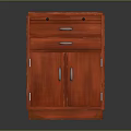 Classic Red Wooden Cabinet Featuring Two Drawers And Double Doors With Handles