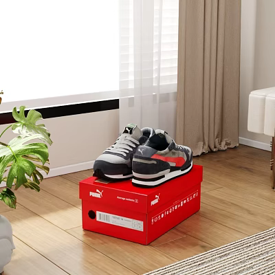 Fashionable Sports Shoes On Red Box In Cozy Living Room 3d model
