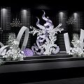 Elegant Stage Decor With White Floral Arrangements Purple Accents Grid Background Chandeliers And Lighting