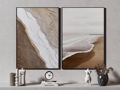 Abstract And Seascape Wall Paintings With Neutral Tones And Decorative Items 3d model