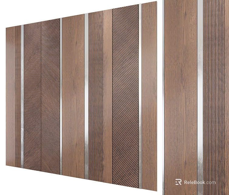 Modern Wooden Wall Panel Design With Metal Strips And Textured Patterns 3d model