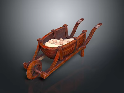 Vintage Handmade Wooden Wheelbarrow Decorative Ornament Filled With White Pebbles 3d model