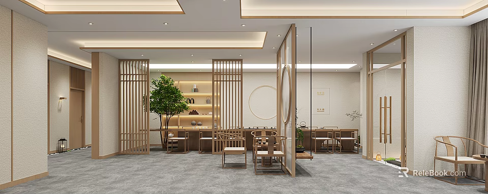 Serene Traditional SPA Sauna Space With Wooden Screens Greenery And Seating 3d model 
