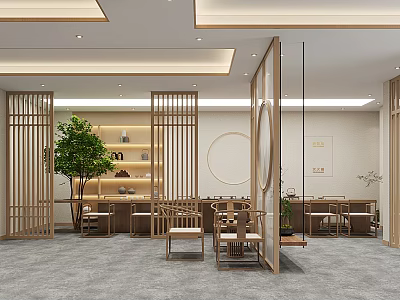Serene Traditional SPA Sauna Space With Wooden Screens Greenery And Seating 3d model