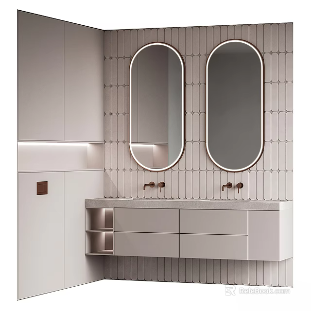 Modern Bathroom Vanity With Double Oval Mirrors And Vertical Tile Wall Design 3d model 