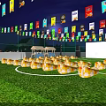 Illuminated Football Field With Fenced Area Colorful Decorations And Event Tables Chairs