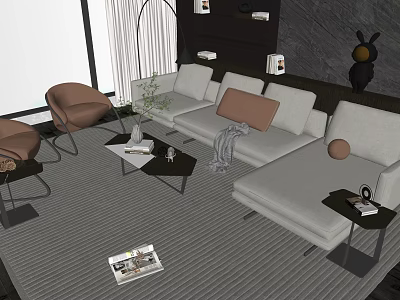 Light Gray Sofa and Black Coffee Table Combination with Brown Accent Chairs and Gray Striped Carpet 3d model