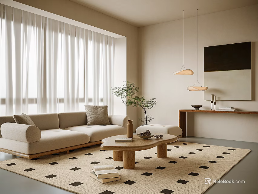 Modern Living Room Sofa and Coffee Table Set Beige Upholstery Wooden Table Geometric Rug Natural Light 3d model 