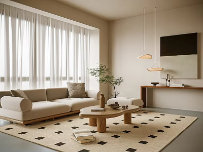 Modern Living Room Sofa and Coffee Table Set Beige Upholstery Wooden Table Geometric Rug Natural Light 3d model