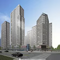 Modern High rise Office Buildings Exterior With Urban Street Vehicles Pedestrians And Sunset Light