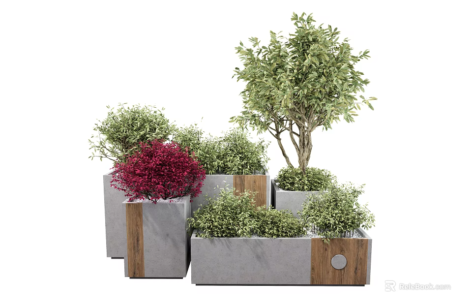 Concrete Flower Planters With Red Green Shrubs And Trees In Outdoor Area 3d model 
