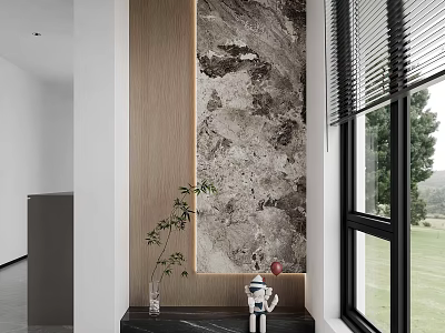 Modern Entryway Hallway With Marble Accent Wall Wooden Panel Window Blinds And Green Plant Decorations 3d model