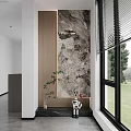 Modern Entryway Hallway With Marble Accent Wall Wooden Panel Window Blinds And Green Plant Decorations