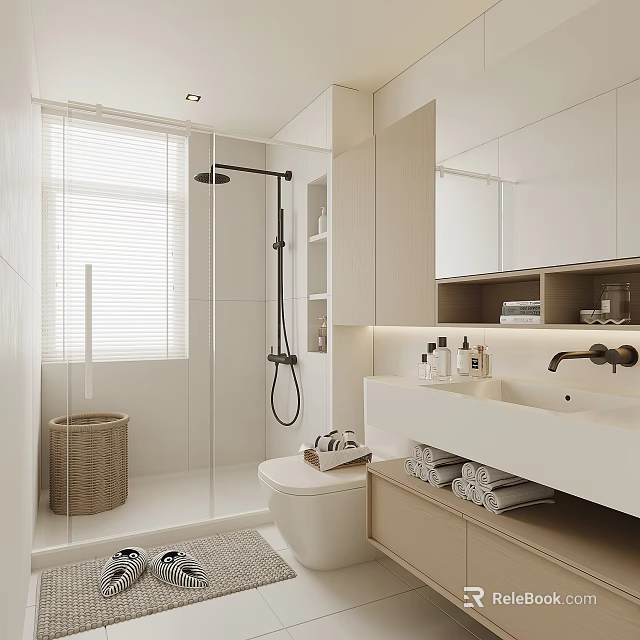Modern Bathroom Interior With Glass Shower Enclosure White Toilet And Vanity Counter With Towels 3d model 