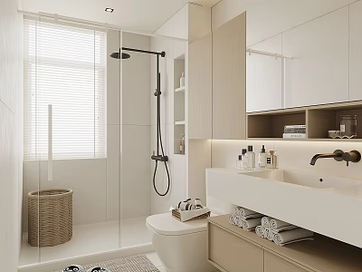 Modern Bathroom Interior With Glass Shower Enclosure White Toilet And Vanity Counter With Towels 3d model