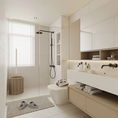 Modern Bathroom Interior With Glass Shower Enclosure White Toilet And Vanity Counter With Towels 3d model
