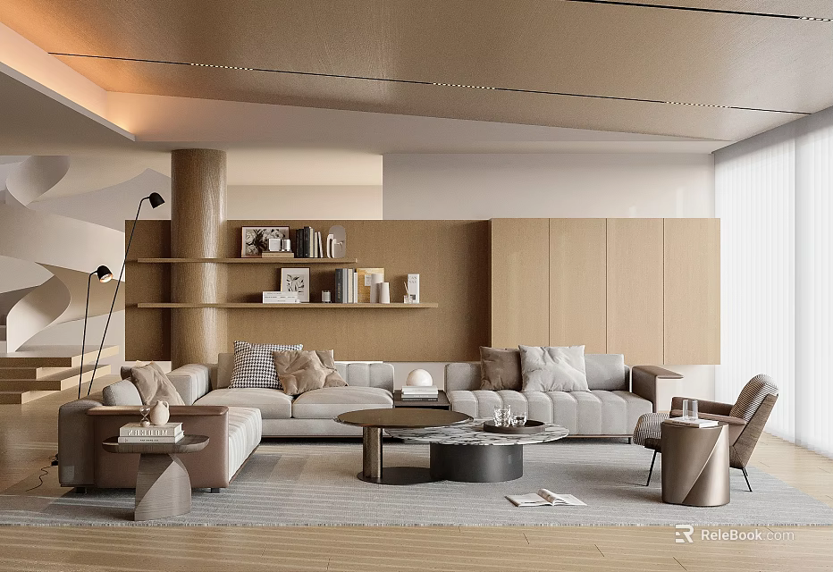 Modern Living Room Interior With Beige Sectional Sofa Wooden Shelves And Round Coffee Table 3d model 