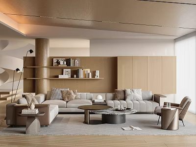 Modern Living Room Interior With Beige Sectional Sofa Wooden Shelves And Round Coffee Table 3d model
